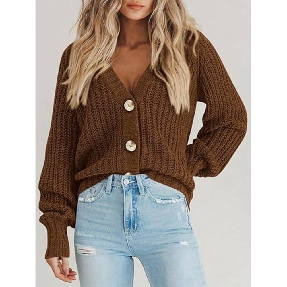 MSRP $36 PRETTYGARDEN Women's S Dark Khaki Chunky Knit Open Front Sweater
